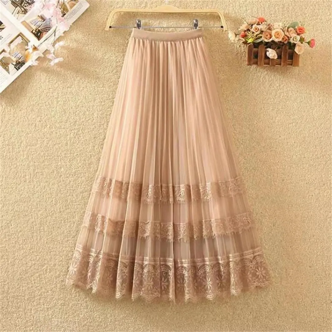 Elegant Lace Tulle Long Skirt for Women Summer Casual Patchwork A Line High Waist Pleated Midi Skirt