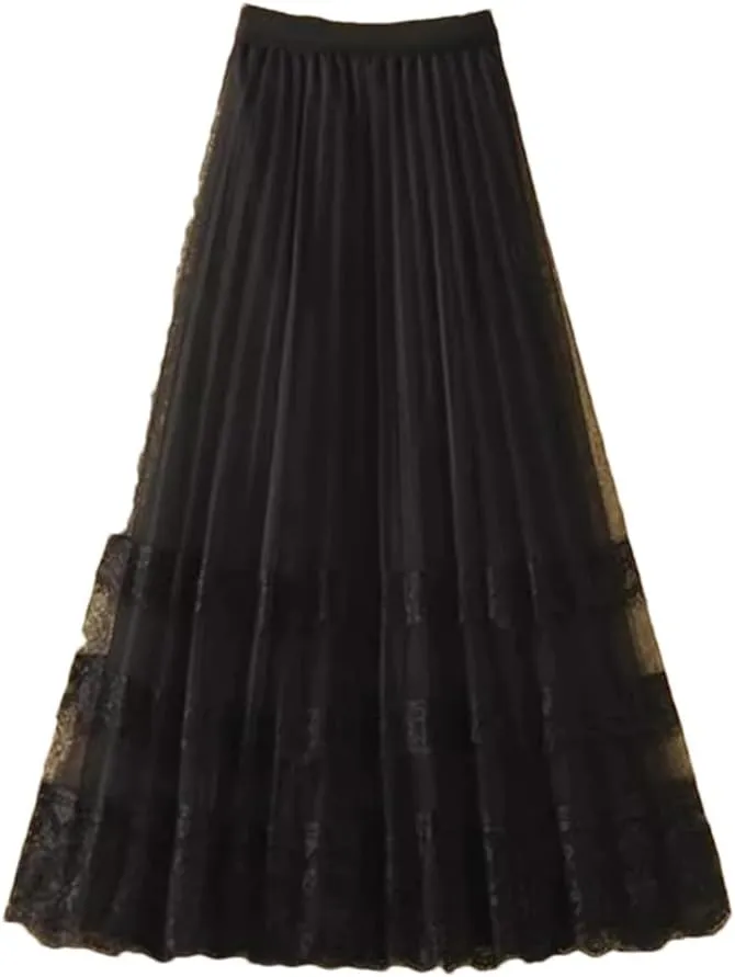 Elegant Lace Tulle Long Skirt for Women Summer Casual Patchwork A Line High Waist Pleated Midi Skirt
