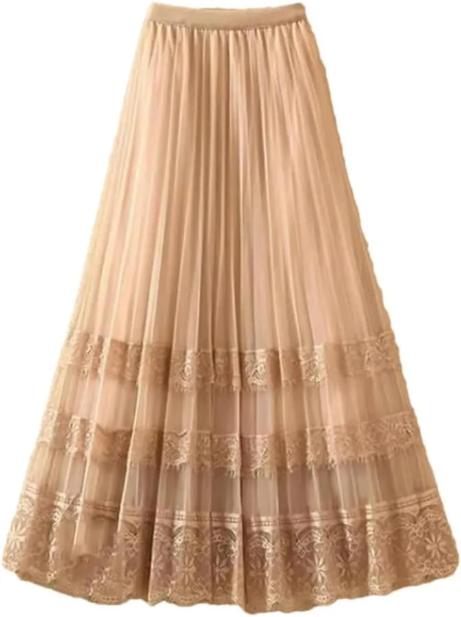 Elegant Lace Tulle Long Skirt for Women Summer Casual Patchwork A Line High Waist Pleated Midi Skirt