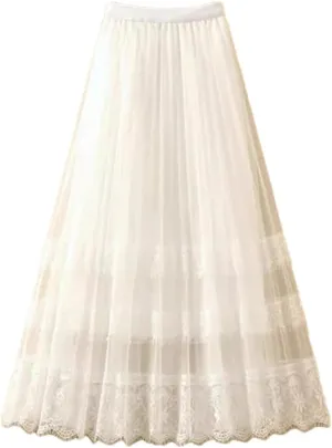 Elegant Lace Tulle Long Skirt for Women Summer Casual Patchwork A Line High Waist Pleated Midi Skirt