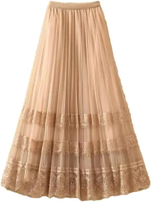 Elegant Lace Tulle Long Skirt for Women Summer Casual Patchwork A Line High Waist Pleated Midi Skirt