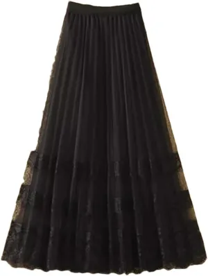 Elegant Lace Tulle Long Skirt for Women Summer Casual Patchwork A Line High Waist Pleated Midi Skirt