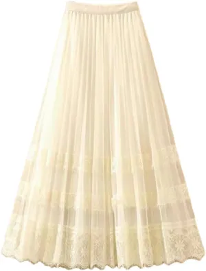 Elegant Lace Tulle Long Skirt for Women Summer Casual Patchwork A Line High Waist Pleated Midi Skirt