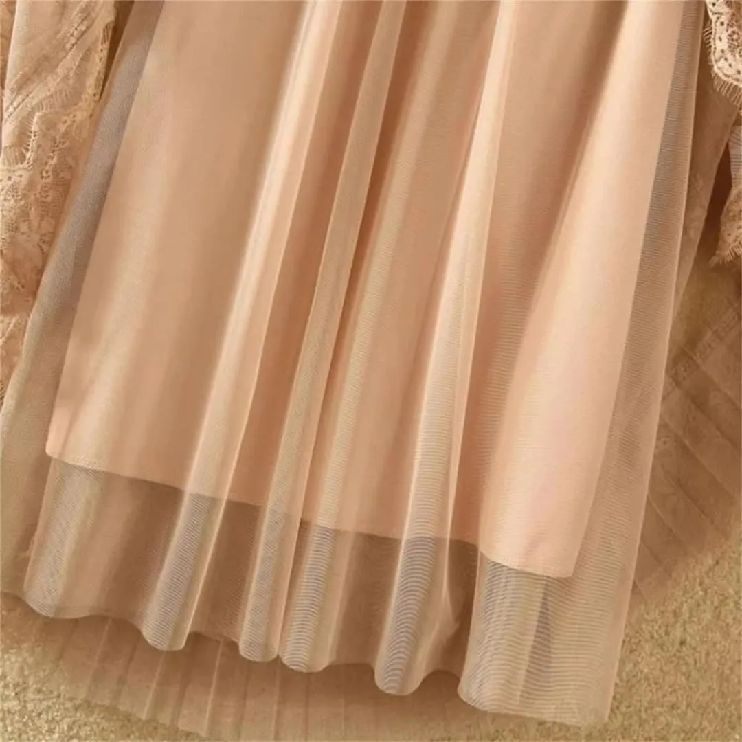 Elegant Lace Tulle Long Skirt for Women Summer Casual Patchwork A Line High Waist Pleated Midi Skirt