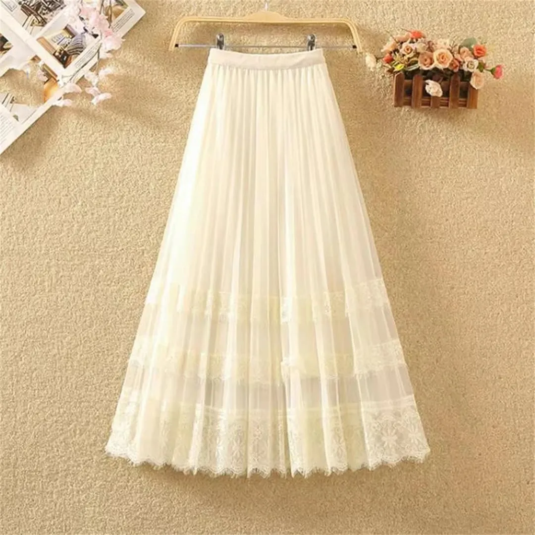 Elegant Lace Tulle Long Skirt for Women Summer Casual Patchwork A Line High Waist Pleated Midi Skirt