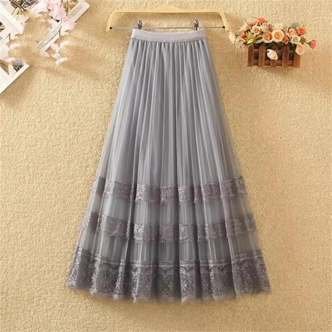 Elegant Lace Tulle Long Skirt for Women Summer Casual Patchwork A Line High Waist Pleated Midi Skirt