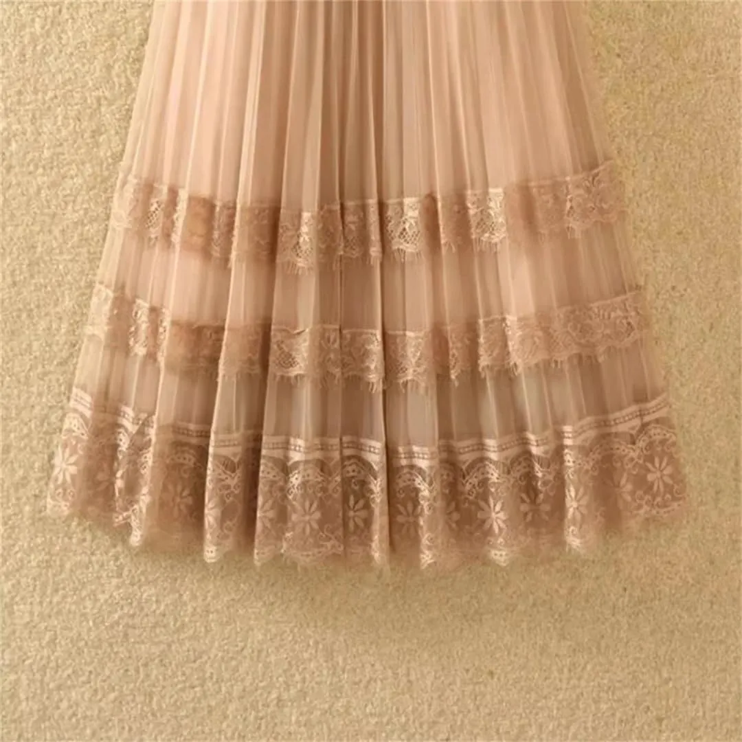 Elegant Lace Tulle Long Skirt for Women Summer Casual Patchwork A Line High Waist Pleated Midi Skirt