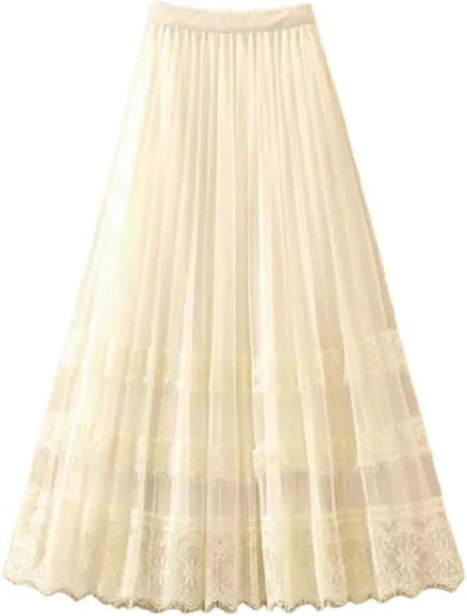 Elegant Lace Tulle Long Skirt for Women Summer Casual Patchwork A Line High Waist Pleated Midi Skirt