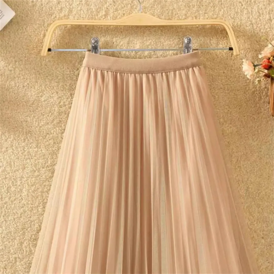 Elegant Lace Tulle Long Skirt for Women Summer Casual Patchwork A Line High Waist Pleated Midi Skirt