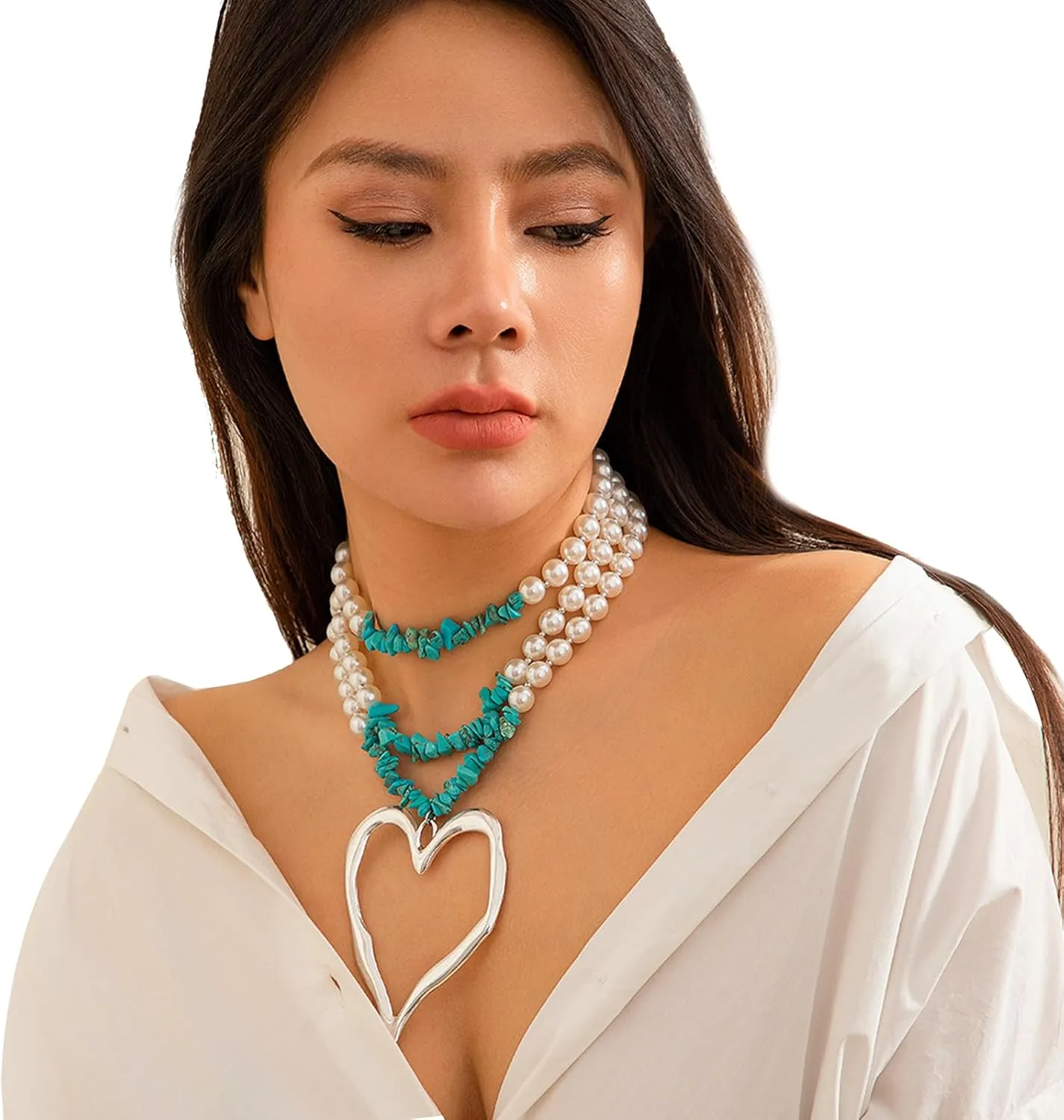 Elegant Pearl Collar Necklace Sexy Summer Beads Clavicle Chain Necklace Metal Big Heart Pendant Neck Chain Multi-layered Pearl Body Chain Necklace Jewelry for Women