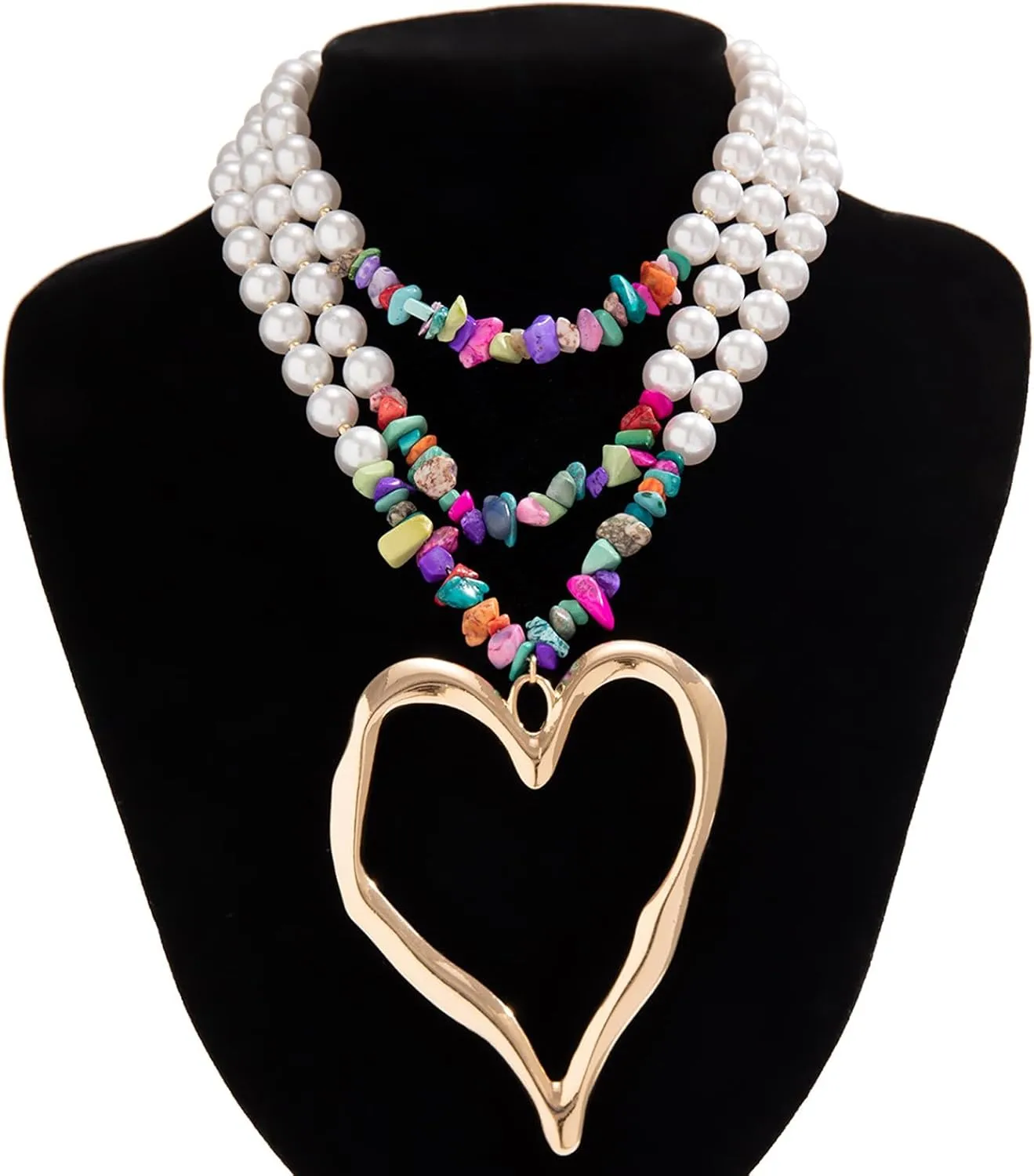 Elegant Pearl Collar Necklace Sexy Summer Beads Clavicle Chain Necklace Metal Big Heart Pendant Neck Chain Multi-layered Pearl Body Chain Necklace Jewelry for Women