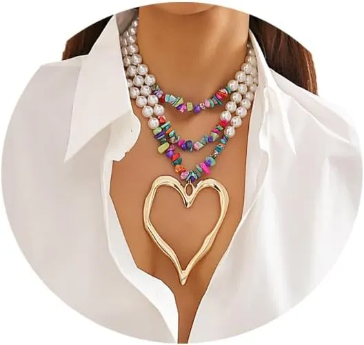 Elegant Pearl Collar Necklace Sexy Summer Beads Clavicle Chain Necklace Metal Big Heart Pendant Neck Chain Multi-layered Pearl Body Chain Necklace Jewelry for Women