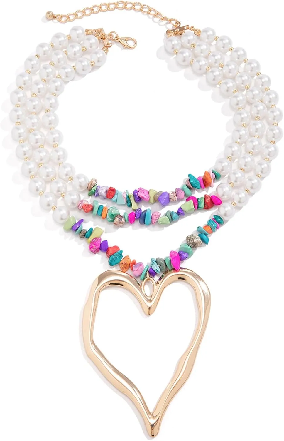Elegant Pearl Collar Necklace Sexy Summer Beads Clavicle Chain Necklace Metal Big Heart Pendant Neck Chain Multi-layered Pearl Body Chain Necklace Jewelry for Women