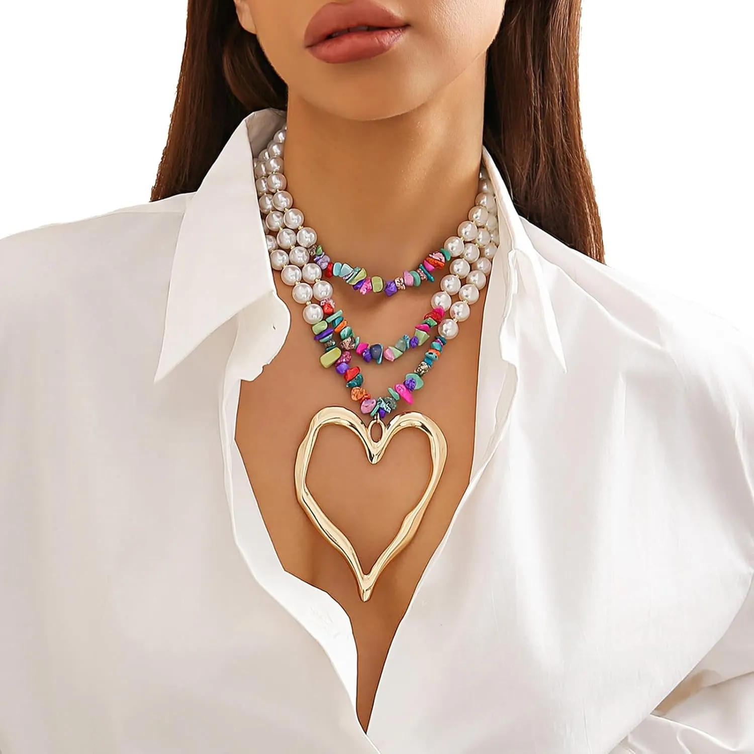 Elegant Pearl Collar Necklace Sexy Summer Beads Clavicle Chain Necklace Metal Big Heart Pendant Neck Chain Multi-layered Pearl Body Chain Necklace Jewelry for Women