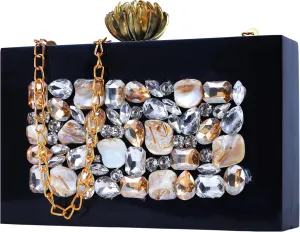 Evening Clutch Purse with Crystal Embellishments, Black Acrylic, Gold Chain Strap, Lotus Clasp