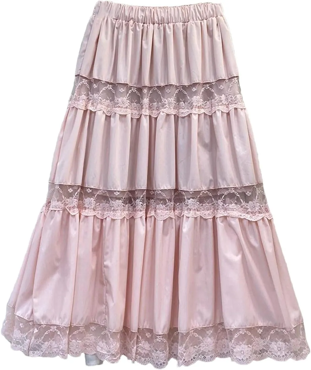 Fashion Long Skirts Women Lace Sheer Patchwork A-Line Elastic High Waist Skirt Pleated Midi Skirt