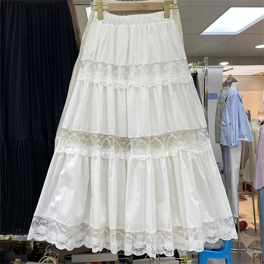 Fashion Long Skirts Women Lace Sheer Patchwork A-Line Elastic High Waist Skirt Pleated Midi Skirt