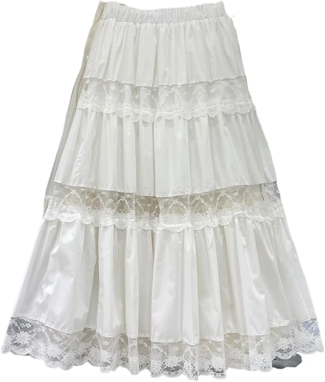 Fashion Long Skirts Women Lace Sheer Patchwork A-Line Elastic High Waist Skirt Pleated Midi Skirt