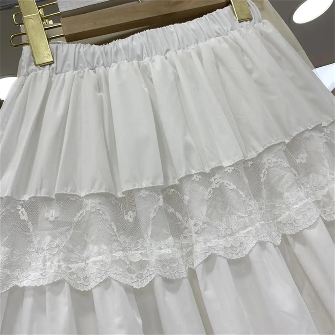 Fashion Long Skirts Women Lace Sheer Patchwork A-Line Elastic High Waist Skirt Pleated Midi Skirt