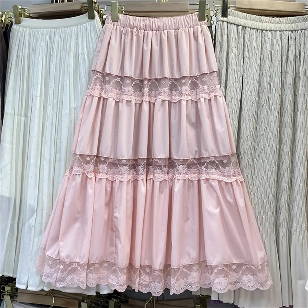 Fashion Long Skirts Women Lace Sheer Patchwork A-Line Elastic High Waist Skirt Pleated Midi Skirt