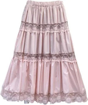 Fashion Long Skirts Women Lace Sheer Patchwork A-Line Elastic High Waist Skirt Pleated Midi Skirt