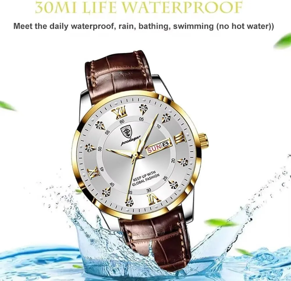 Fashion Watches for Men 30m Waterproof Luminous Leather Strap Casual Business Quartz Wrist Watch with Rhinestone Decoration Auto Date Calendar Clock Watches