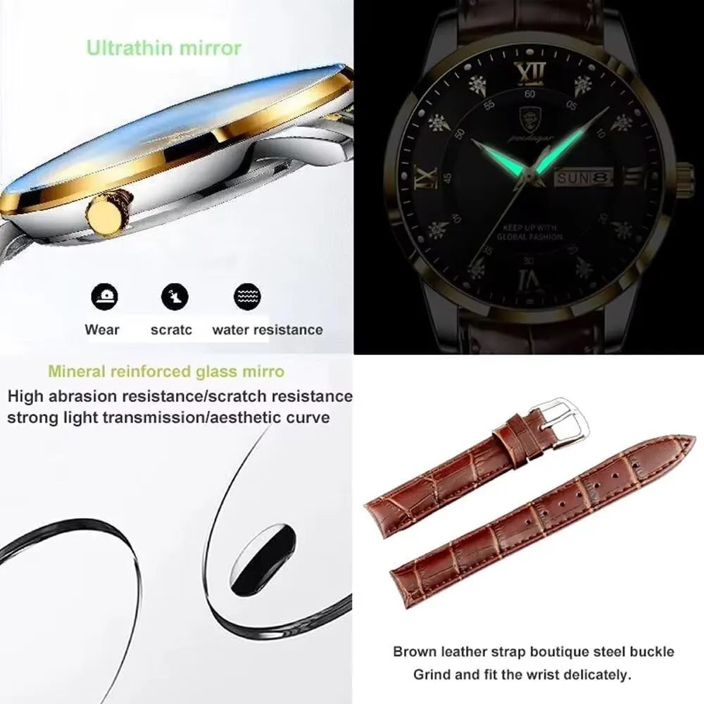 Fashion Watches for Men 30m Waterproof Luminous Leather Strap Casual Business Quartz Wrist Watch with Rhinestone Decoration Auto Date Calendar Clock Watches