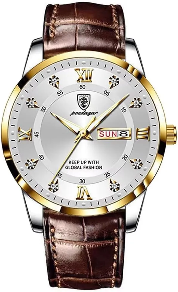 Fashion Watches for Men 30m Waterproof Luminous Leather Strap Casual Business Quartz Wrist Watch with Rhinestone Decoration Auto Date Calendar Clock Watches