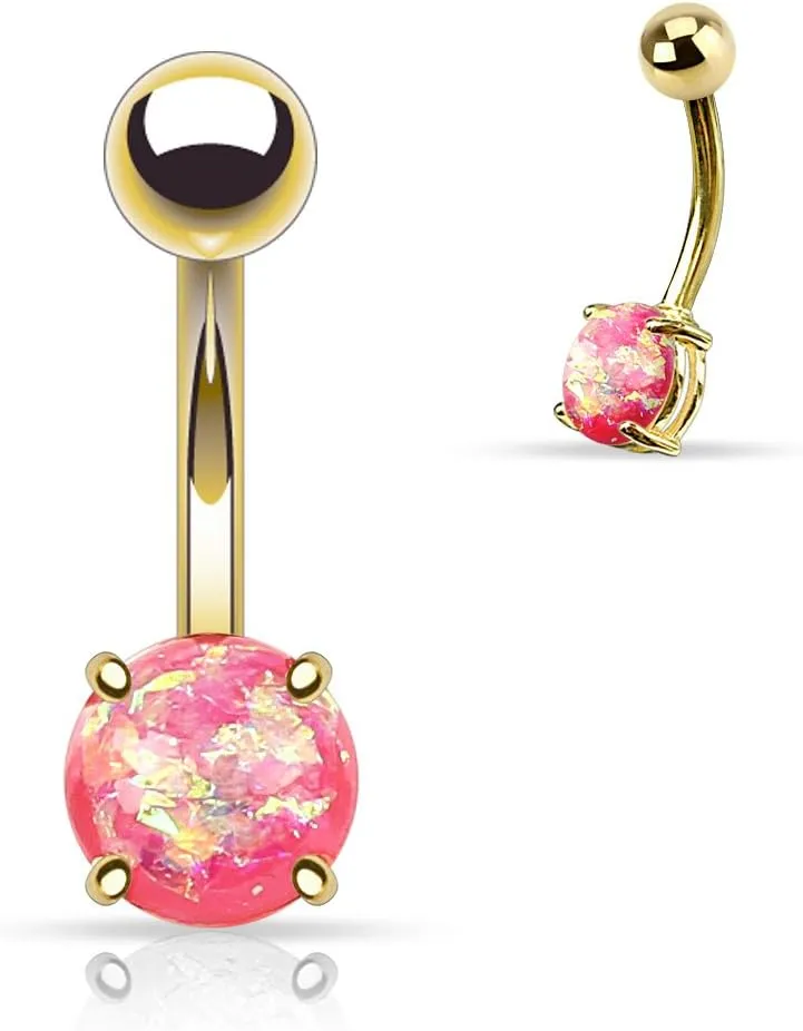 FIFTH CUE 14G Opal Glitter Prong Set Gold IP Over 316L Surgical Steel Belly Button Rings