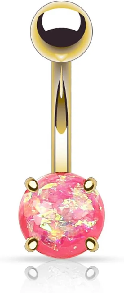 FIFTH CUE 14G Opal Glitter Prong Set Gold IP Over 316L Surgical Steel Belly Button Rings