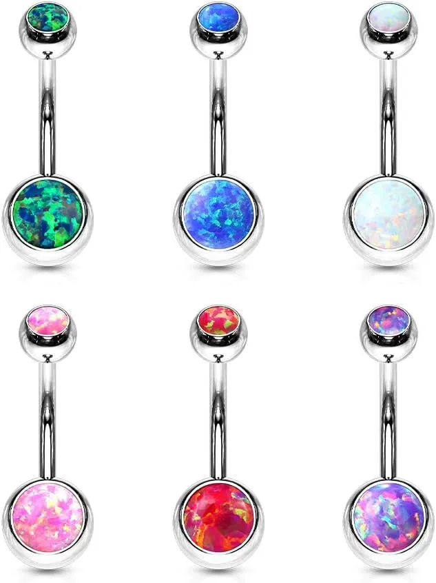 FIFTH CUE Synthetic Opal Set Double Jeweled 316L Surgical Steel Navel Belly Button Ring