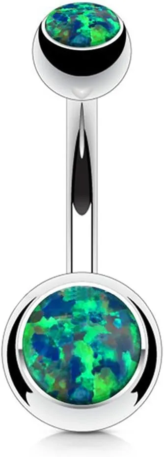 FIFTH CUE Synthetic Opal Set Double Jeweled 316L Surgical Steel Navel Belly Button Ring