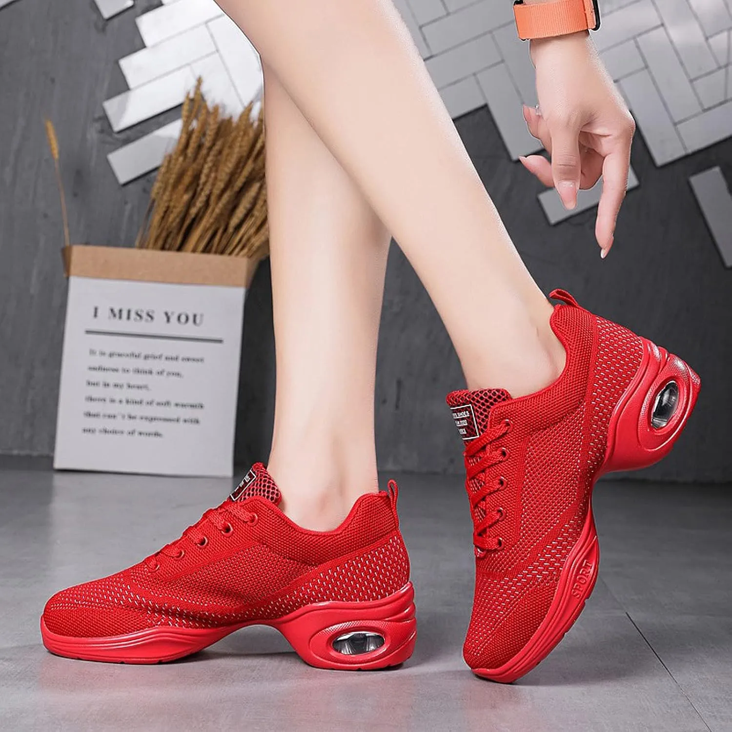 FLIOZY Women's Jazz Shoes Lace-up Platform Air Cushion Dance Shoes Breathable Athletic Fitness Yoga Walking Sneaker