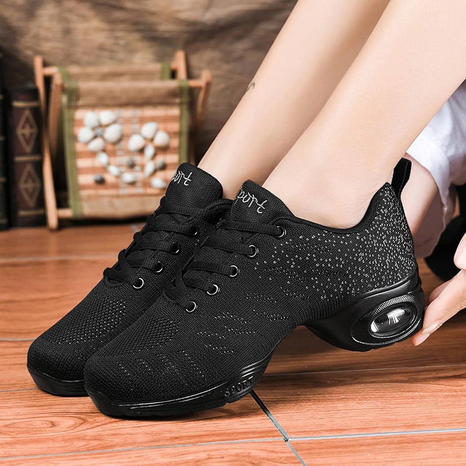 FLIOZY Women's Jazz Shoes Lace-up Platform Air Cushion Dance Shoes Breathable Athletic Fitness Yoga Walking Sneaker