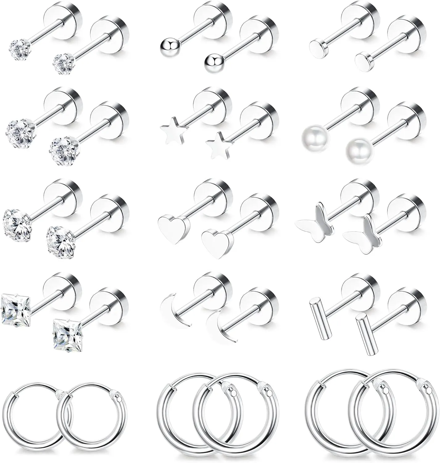 Florideco Small Hypoallergenic Flat Back Stud Earrings for Women Men 14K Gold Plated Surgical Stainless Steel Earrings Tiny Stud Earring Screw Back Cartilage Earring Set for Multiple Piercing