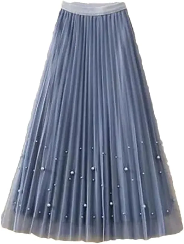 Fnfmrfmr Women Beading A-Line Mesh Skirt Solid High Waist Harajuku Y2k Casual Pleated Slim Midi Skirts