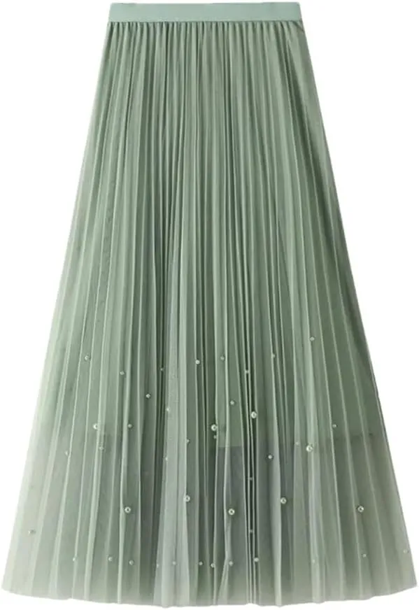 Fnfmrfmr Women Beading A-Line Mesh Skirt Solid High Waist Harajuku Y2k Casual Pleated Slim Midi Skirts