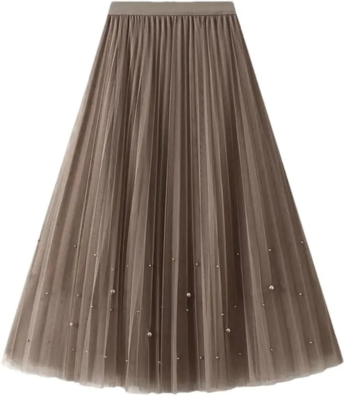 Fnfmrfmr Women Beading A-Line Mesh Skirt Solid High Waist Harajuku Y2k Casual Pleated Slim Midi Skirts