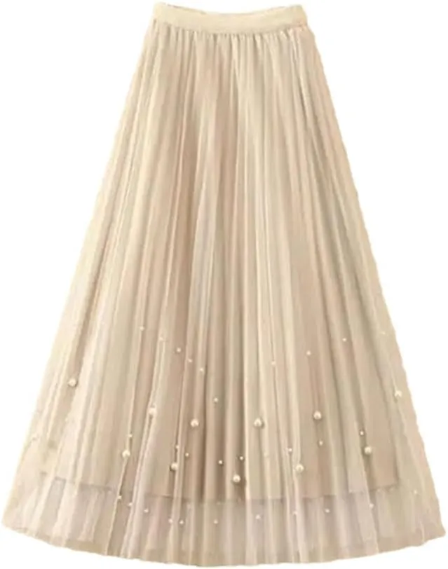Fnfmrfmr Women Beading A-Line Mesh Skirt Solid High Waist Harajuku Y2k Casual Pleated Slim Midi Skirts