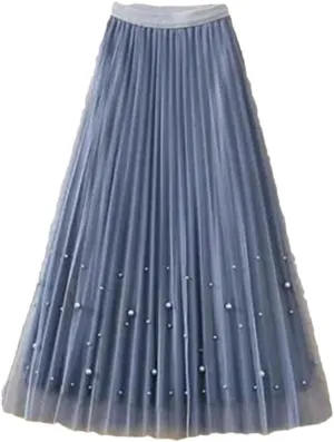 Fnfmrfmr Women Beading A-Line Mesh Skirt Solid High Waist Harajuku Y2k Casual Pleated Slim Midi Skirts