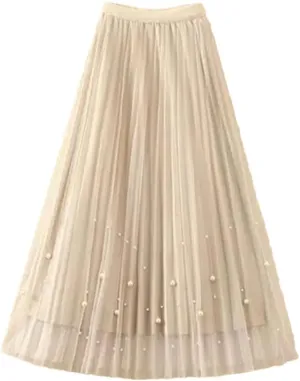 Fnfmrfmr Women Beading A-Line Mesh Skirt Solid High Waist Harajuku Y2k Casual Pleated Slim Midi Skirts