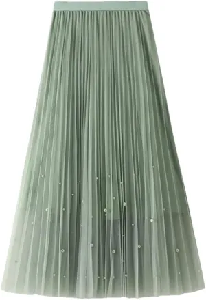 Fnfmrfmr Women Beading A-Line Mesh Skirt Solid High Waist Harajuku Y2k Casual Pleated Slim Midi Skirts