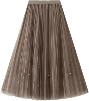 Fnfmrfmr Women Beading A-Line Mesh Skirt Solid High Waist Harajuku Y2k Casual Pleated Slim Midi Skirts
