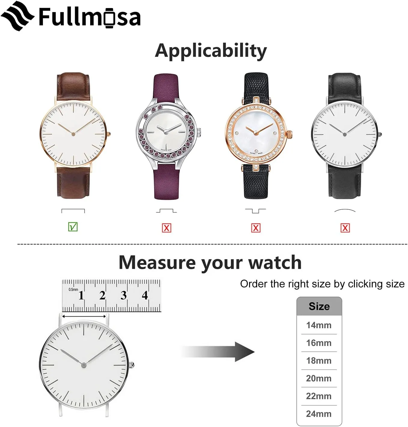 Fullmosa Quick Release Leather Watch Bands for Men Women- 14mm Watch Strap Replacement Wristband,Dark Blue Silver Buckle