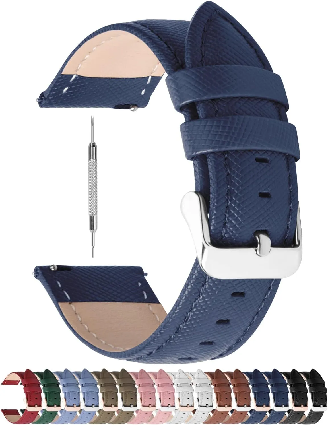 Fullmosa Quick Release Leather Watch Bands for Men Women- 14mm Watch Strap Replacement Wristband,Dark Blue Silver Buckle