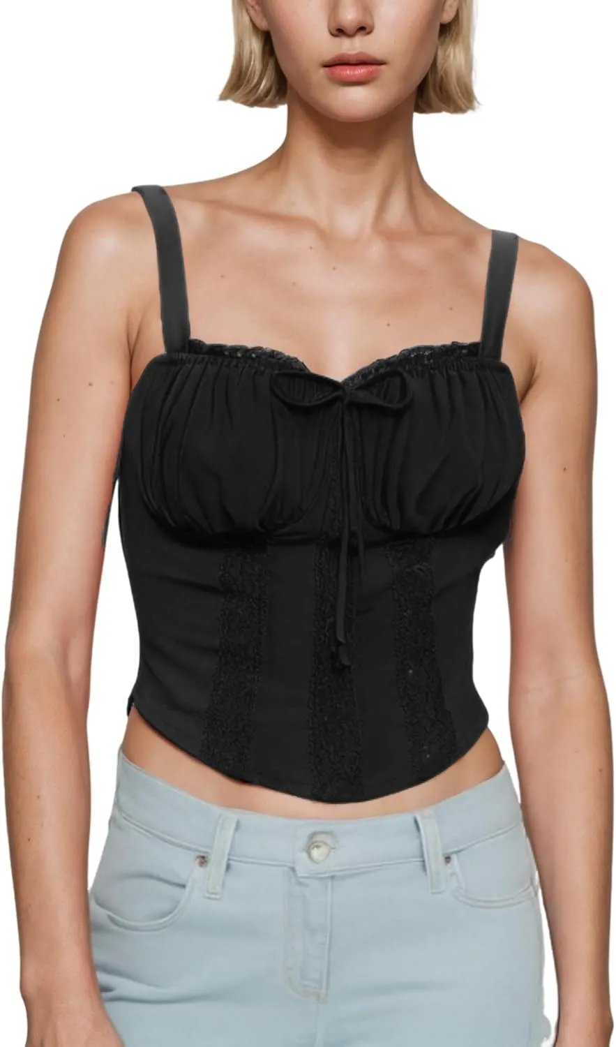 FYMNSI Women Corset Lace Up Cami Crop Top Sexy Slim Bodyshaper Bustier Tees Shirt Blouse Spaghetti Strap Backless Summer Tops