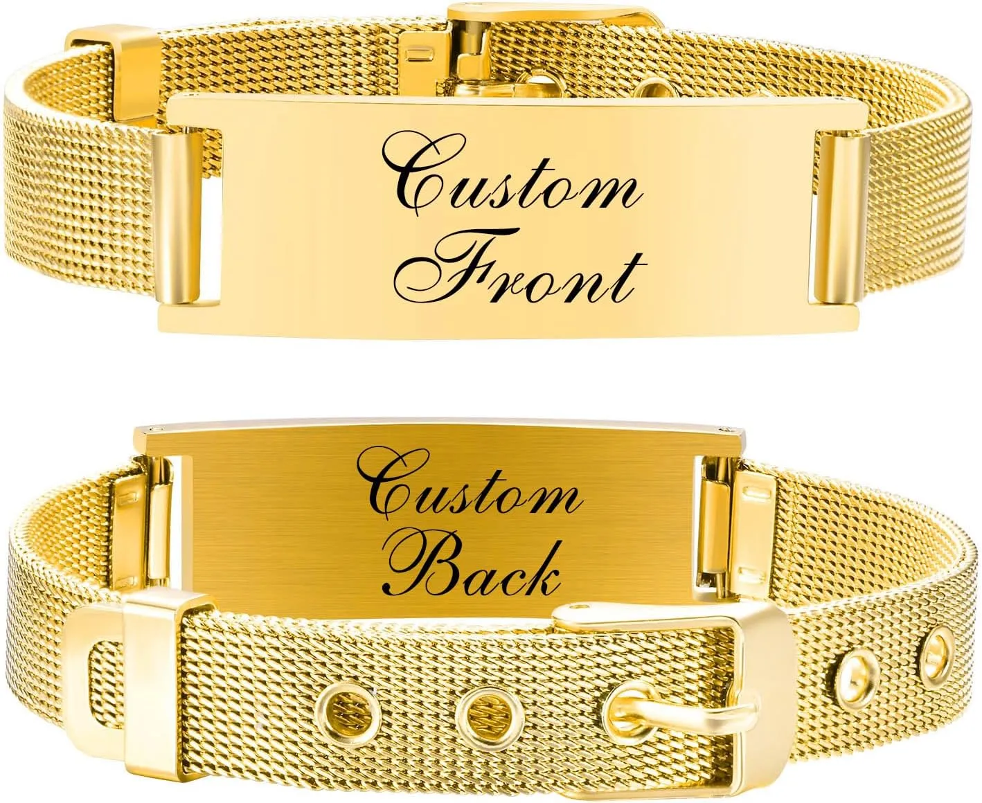 Gamtic Personalized Mesh Band Bracelets for Women Men Gold Plated Stainless Steel Wristband, Engraving Name Date Quotes ID Bangle Gift to Mom Dad GF Husband, 14mm
