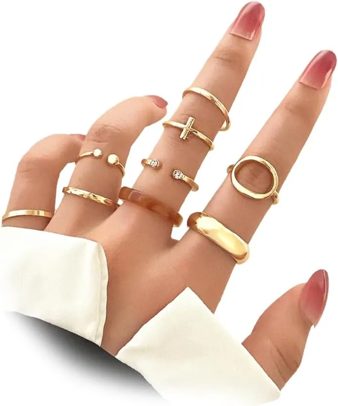 GIGB PBDK Chunky Gold Stacked Rings Set Vintage Classic Open Oval Demo Amber Acrylic Resin Ring Non Tarnish Statement Knuckle Joint Jewelry for Women