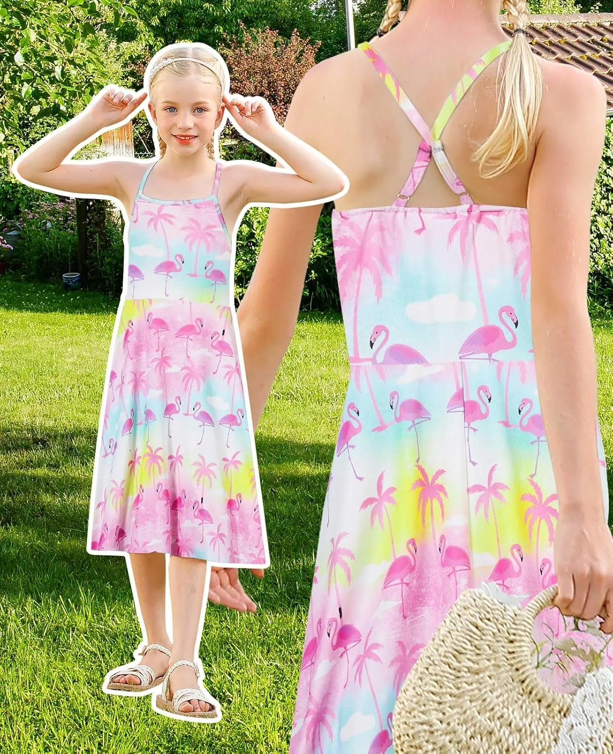 Girls Summer Sundress Adjustable Strap Cami Dress Spaghetti Strap Dresses Size 4-13