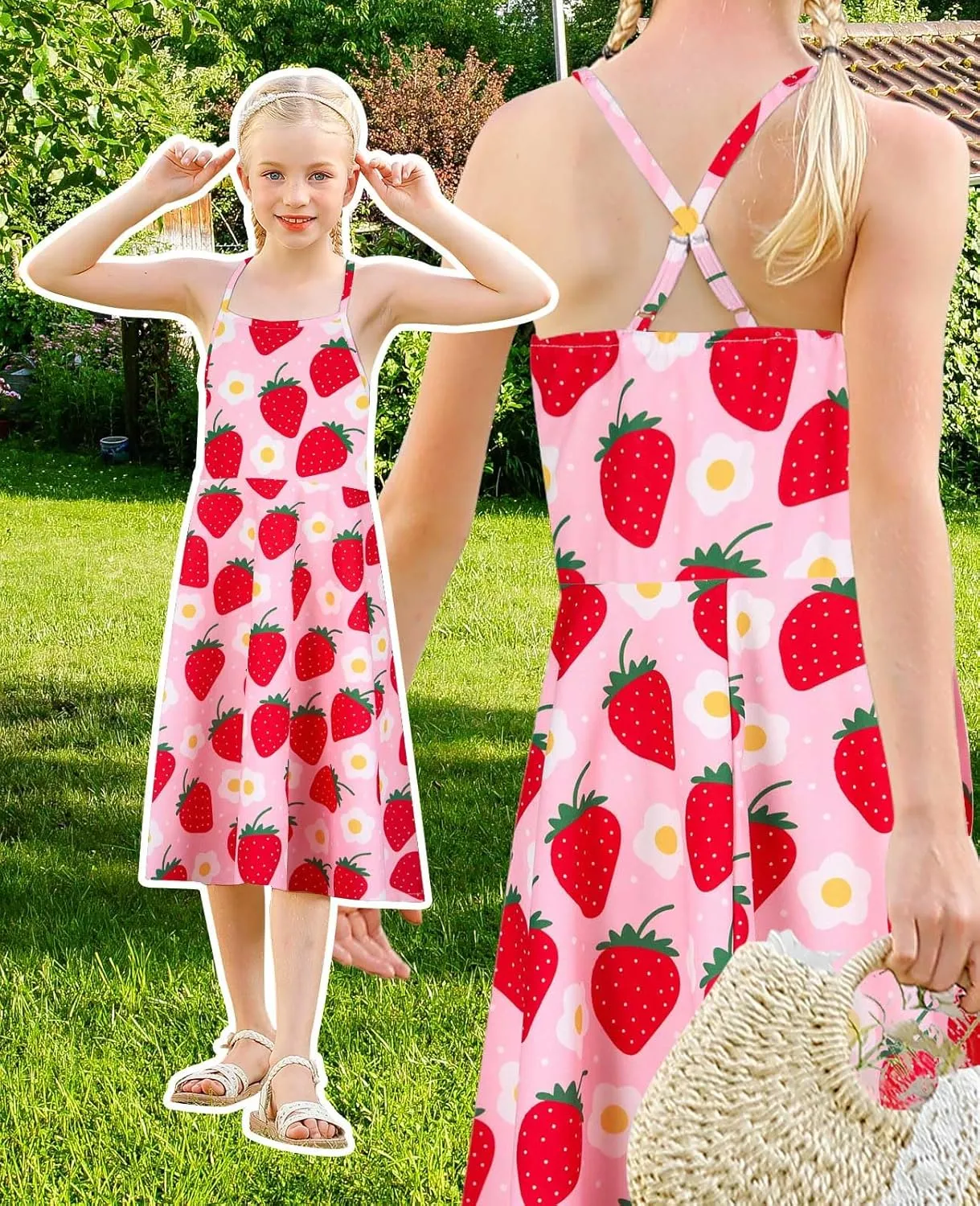 Girls Summer Sundress Adjustable Strap Cami Dress Spaghetti Strap Dresses Size 4-13